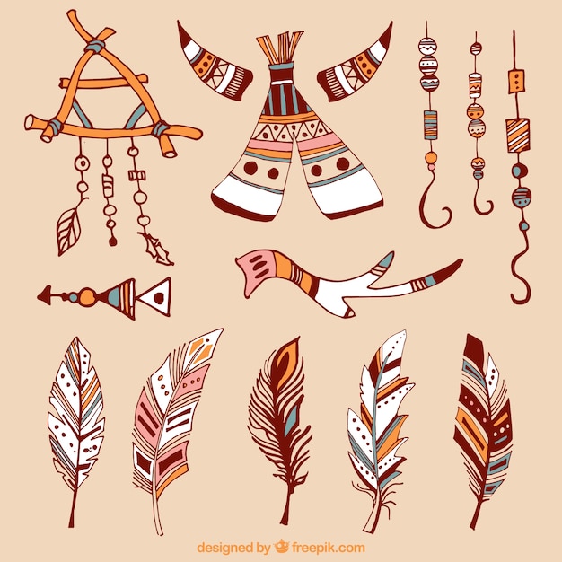 Set of boho elements and hand drawn feathers