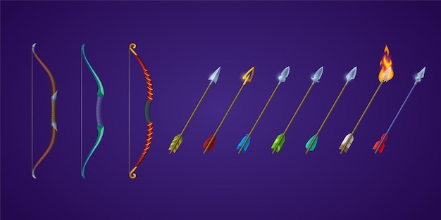 Free vector set bows and arrows for rpg game shop, crossbows