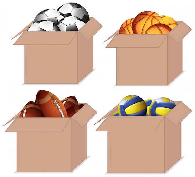 Set of boxes full of different types of balls