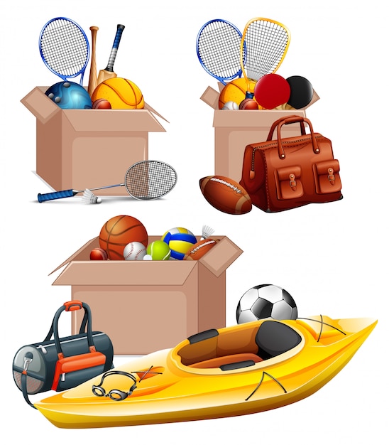 Free vector set of boxes full of sport equipments on white