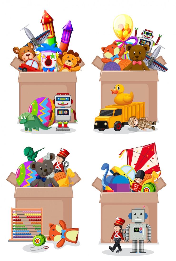 Free Vector set of boxes full of toys on white