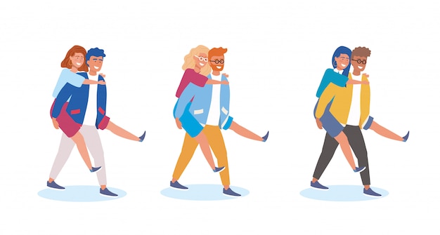 Free vector set of boy carrying the girl in the back