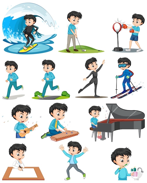 Set of a boy doing different activities