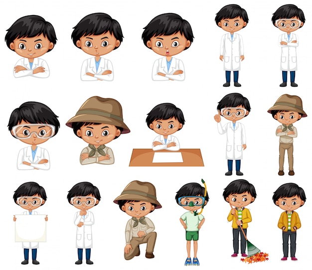 Free vector set of boy doing different things on white