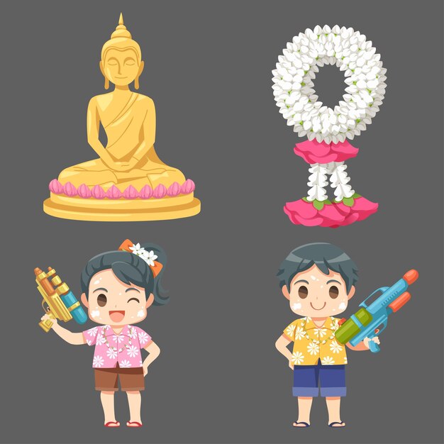 白い背景の上の漫画スタイルのグラフィックデザイナーのための要素とソンクラン祭りのタイの伝統的なドレスの男の子と女の子のセットベクトル図
