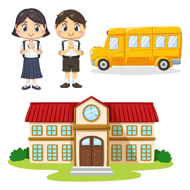 Free Vector set of boy and girl wearing student in uniform and school bag