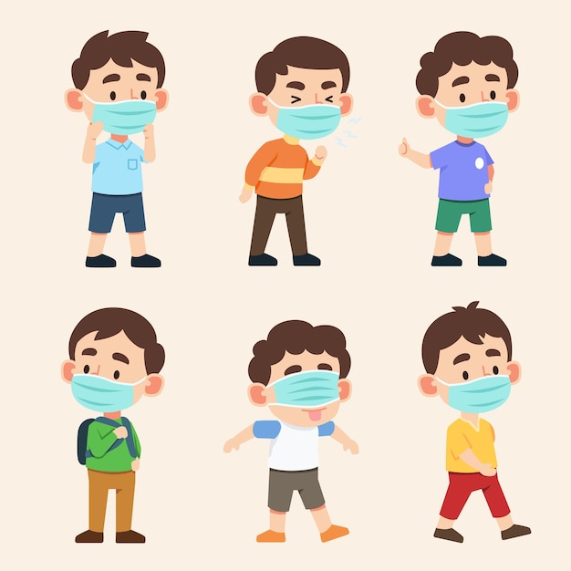 Free vector set of boy in mask with various activities of healthcare