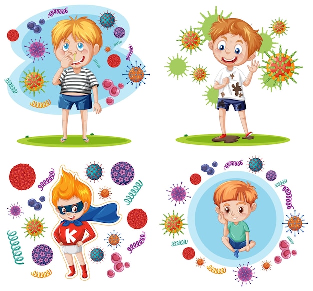 Free vector set of boy surrounded by germ