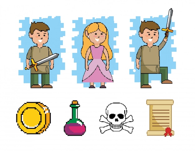 Set of boy with sword and princess with videogame 