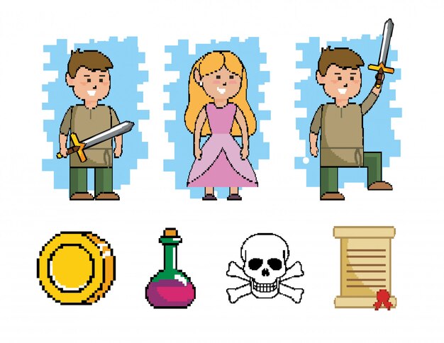 Set of boy with sword and princess with videogame 