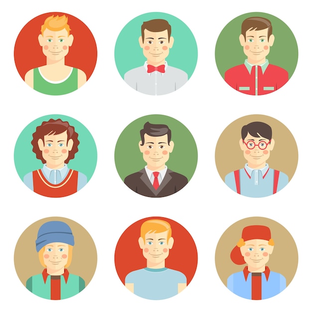 Free vector set of boys avatar faces in flat style with diverse hairstyles