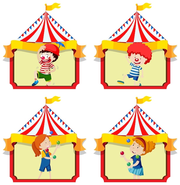 Set of boys and girls with circus tent background