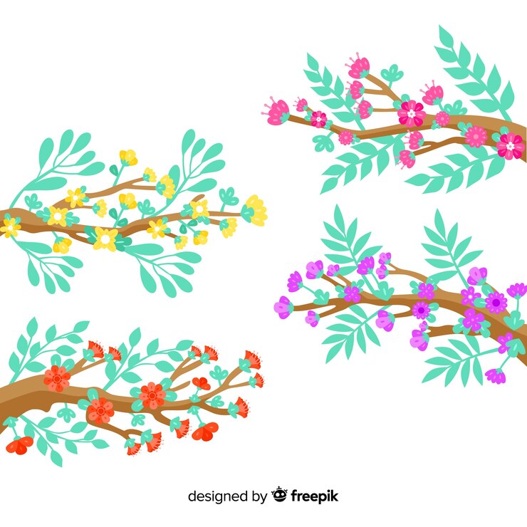 Free Vector set of branches and colourful flowers 