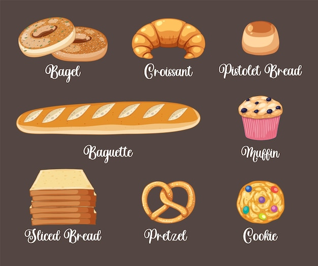 Free vector set of bread and pastry bakery products