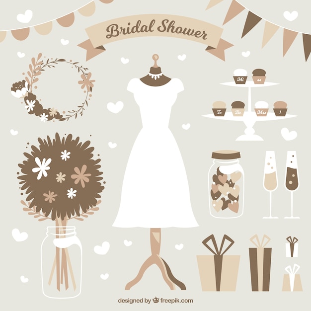 Free vector set of bridal shower items in brown tones
