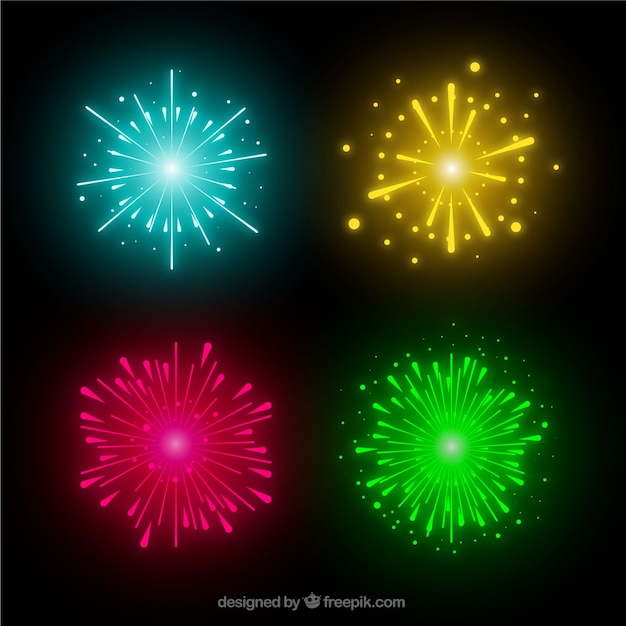Set of bright fireworks