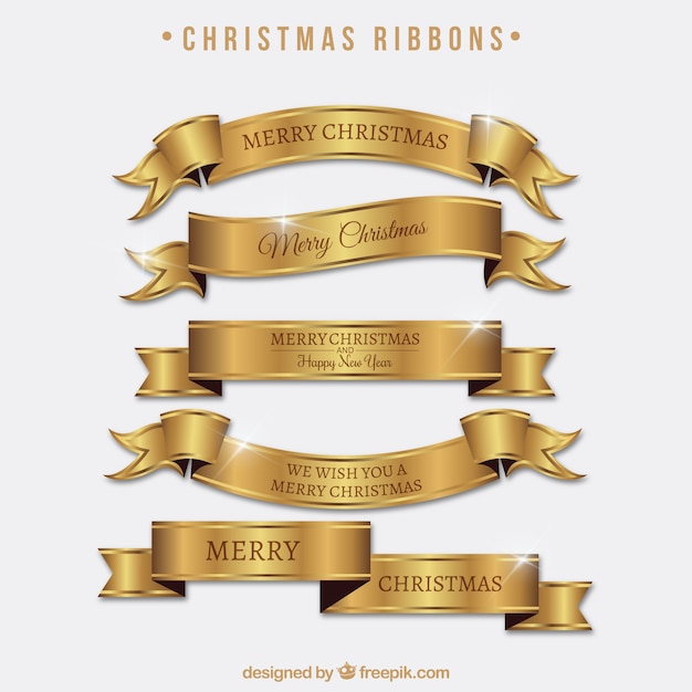 Set of bright golden ribbons of merry christmas