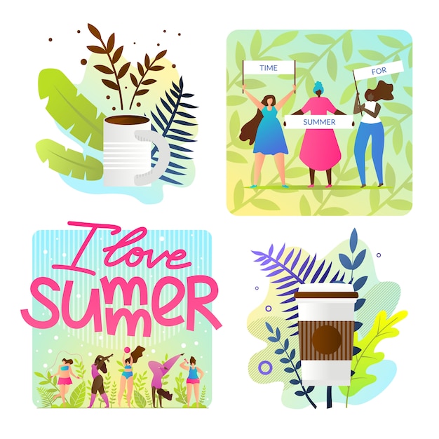 Free vector set bright illustrations i love summer cartoon