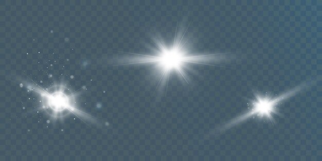 A set of bright light effects in white on a transparent background vector