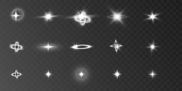 A set of bright light effects in white on a transparent background vector
