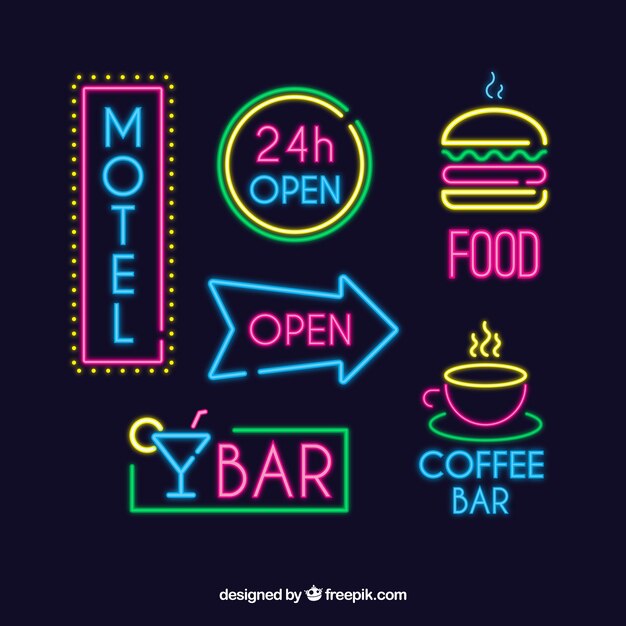 Set of bright neon signs