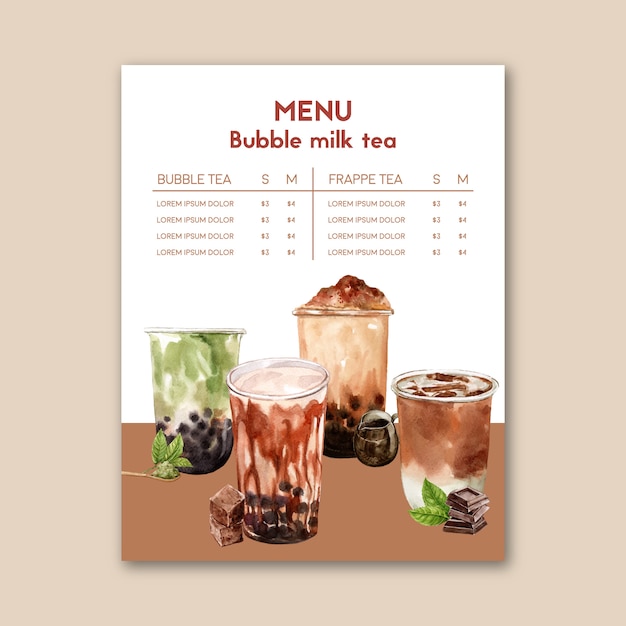 Free vector set brown sugar bubble milk tea and matcha menu, ad content vintage, watercolor illustration