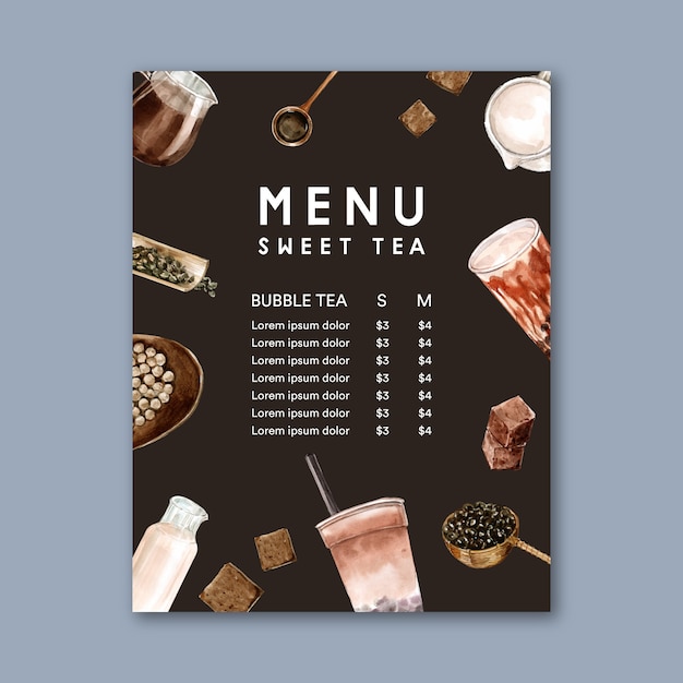 Free vector set brown sugar bubble milk tea menu, ad content vintage, watercolor illustration