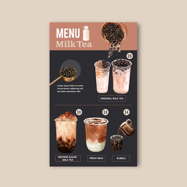 갈색 설탕 거품 우유 차 메뉴, 광고 내용 빈티지, 수채화 그림 설정