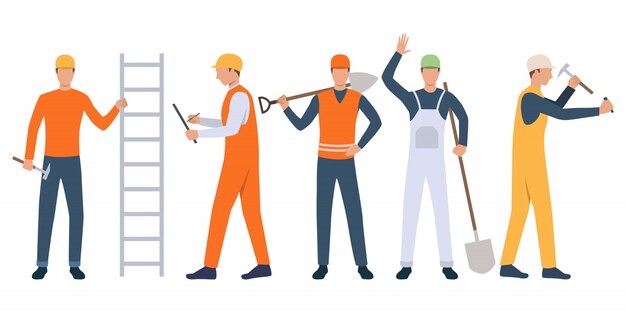 Set of builders, foreman and handymen holding tools and working