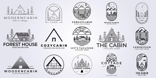 Набор векторных иллюстраций логотипа коттеджа, стиль линии арт