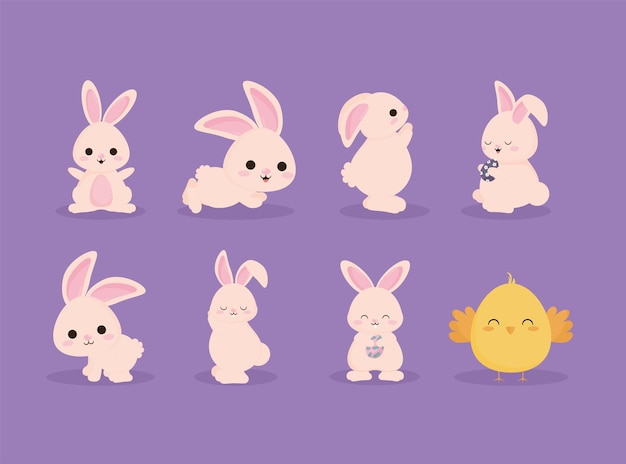 Set of Bunnies and One Chick – Vector Templates
