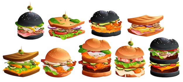 Free vector set burgers with cheese meat bacon vegetables