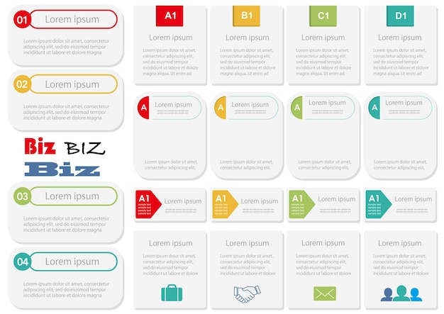 Set di infografica aziendale e tag isolato su uno sfondo bianco illustrazione vettoriale