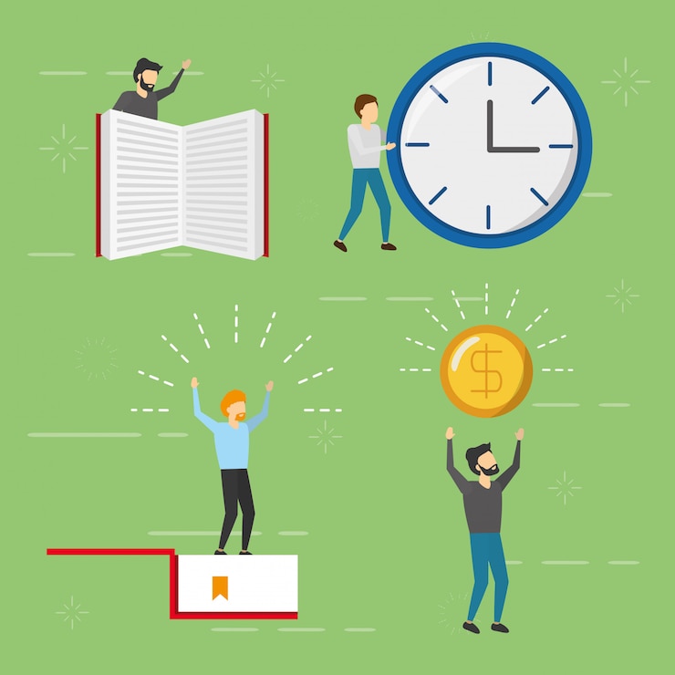 Free Vector set of business man with book, clock and coin, flat style