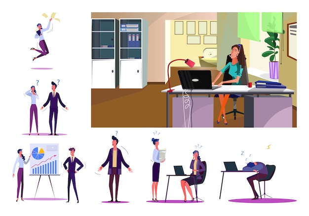 Free vector set of business people during work