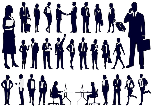 Vettore gratuito set di sagome di uomini d'affari in azione illustrazione vettoriale isolato su uno sfondo bianco
