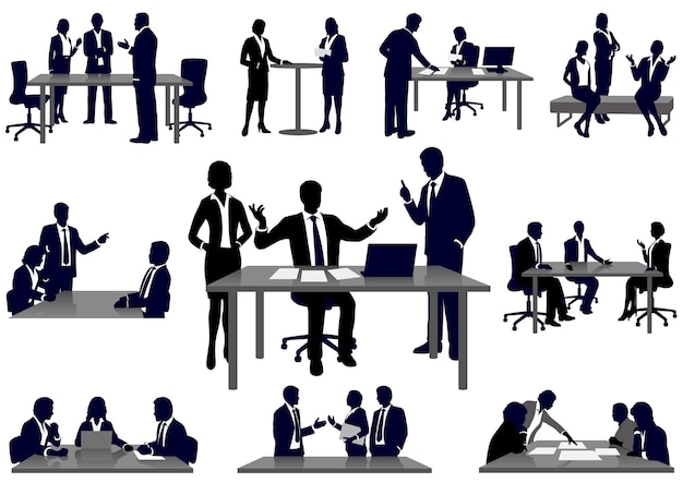 Set Of Business People Silhouettes In Action Vector Illustration Isolated On A White Background