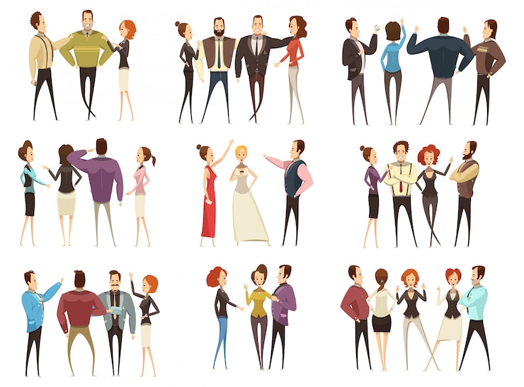Free Vector set of business teams front and back views with men and women cartoon style isolated vector illustra