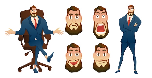 Set of businessman and faces with various emotional in cartoon character vector