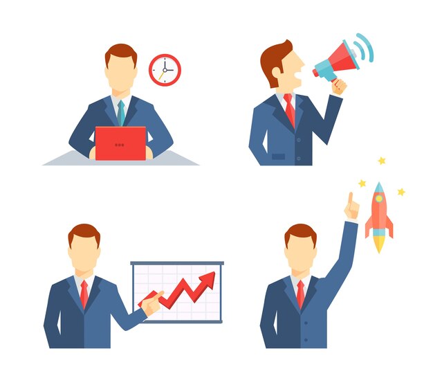 Set of businessman icons depicting a man working at his desk to a deadline  public speaking on a megaphone  doing a presentation and his career taking off like a rocket or an inspirational idea