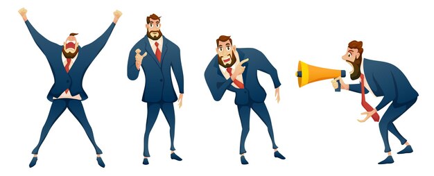 Набор бизнесмена в костюме с различными эмоциональными векторами персонажей мультфильмов