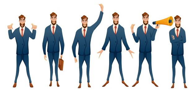 Set of businessman in suit with various emotional in cartoon character vector