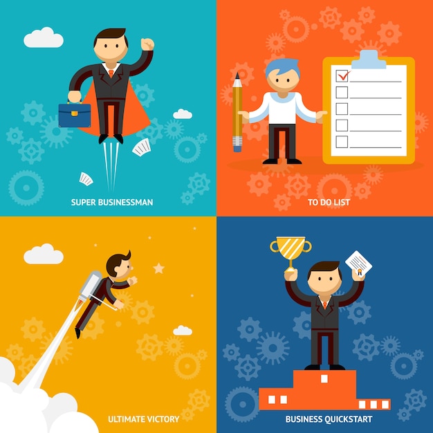 Set of businessman vector cartoon characters depicting a super\
businessman . to do list jet propelled ultimate victory and an\
achievement quickstart or award