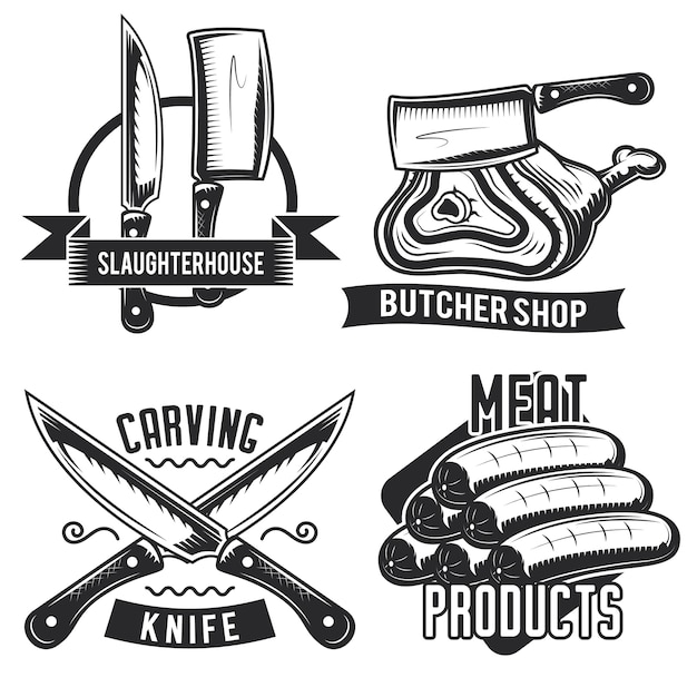 Набор эмблем, этикеток, значков, логотипов мясника.