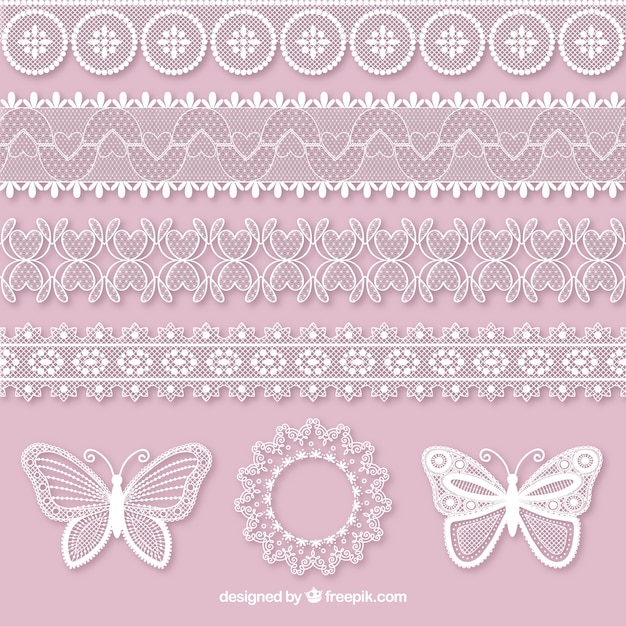 Set of butterflies and lace decorative borders