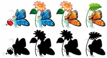 Free vector set of butterfly cartoon and its silhouette