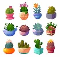 Free vector set cactus home plants in flowerpots icons set