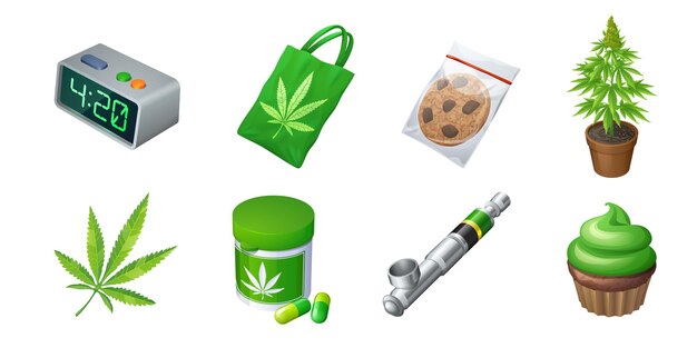 Set of cannabis production and equipment bag with marijuana leaf cookie in plastic pack vaporizer or...