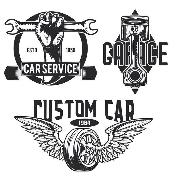 Set of car service emblems, labels, badges, logos.