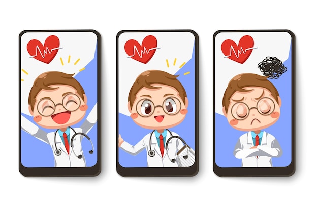 Set card of doctor wearing gown coat with stethoscope with difference emotion in cartoon character, isolated flat illustration